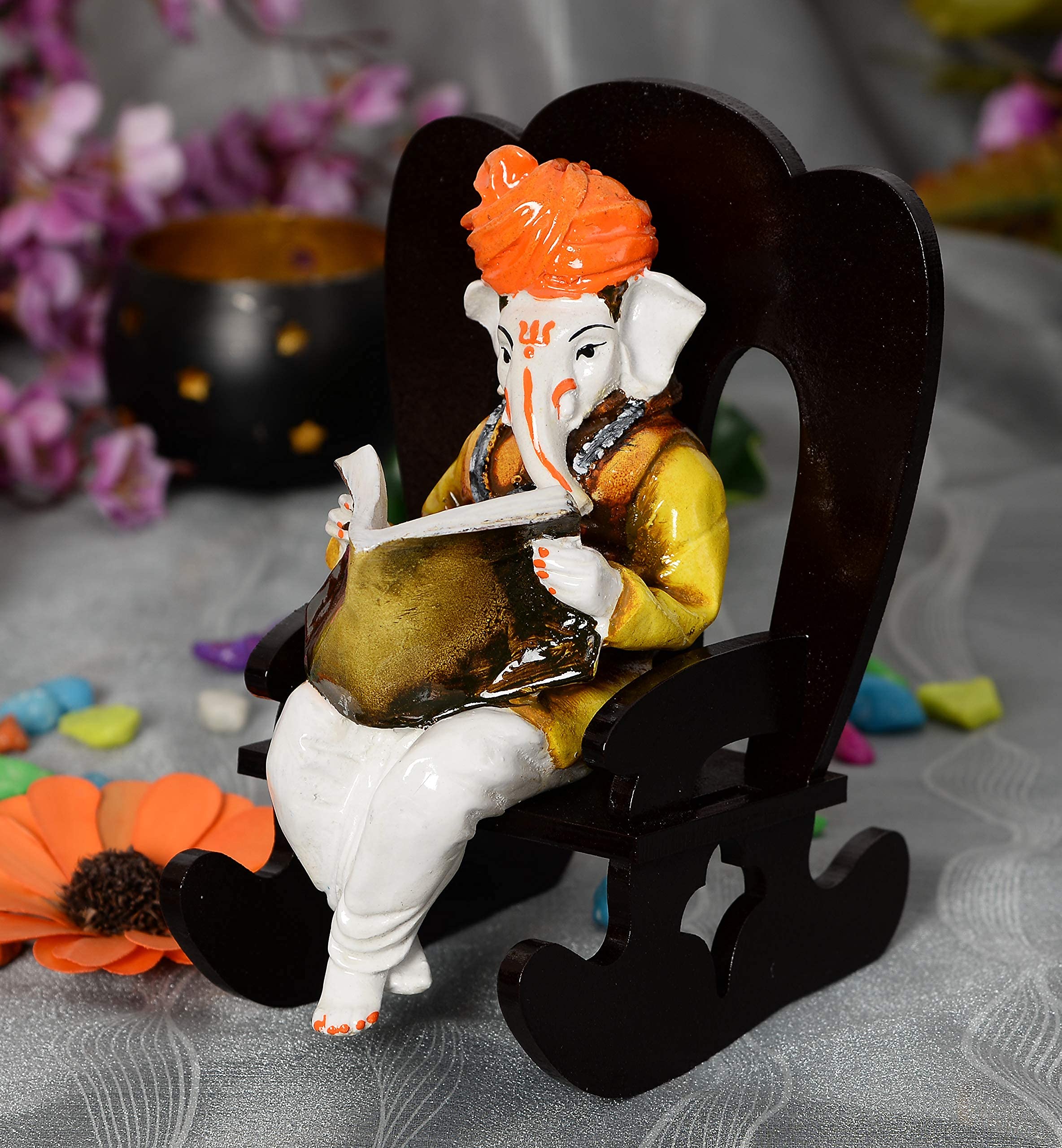 Sn Handicrafts Resin Ganesha Resting On Rocking Chair Figurine, Standard, Multi Colour